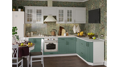 Кухня угловая Эмаль снежная - Дуб патина бирюза